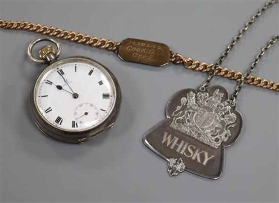 A 9ct gold curb link identity bracelet, a silver Omega pocket watch and a modern silver whisky label.